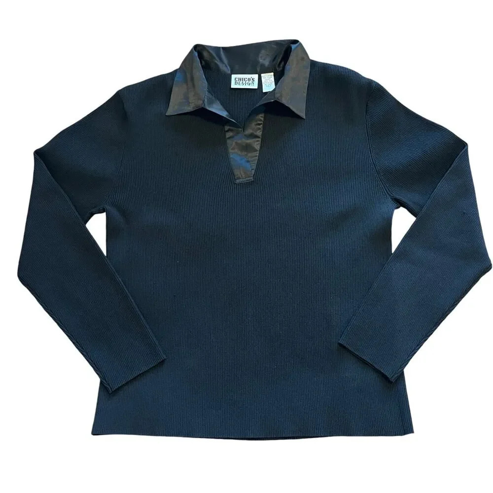 Chicos Design Size 2 (L /12 )Silk Collar Viscose/Nylon Sweater Black